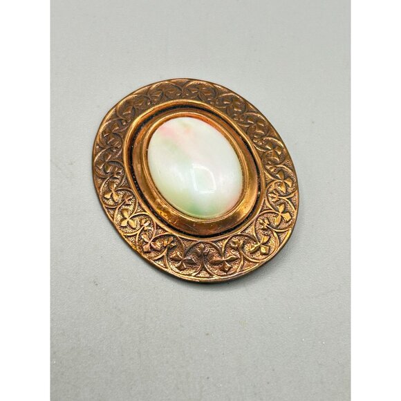 Vintage Copper Oval Brooch with Ornate Design & Faux Mother of Pearl Center - Picture 3 of 5